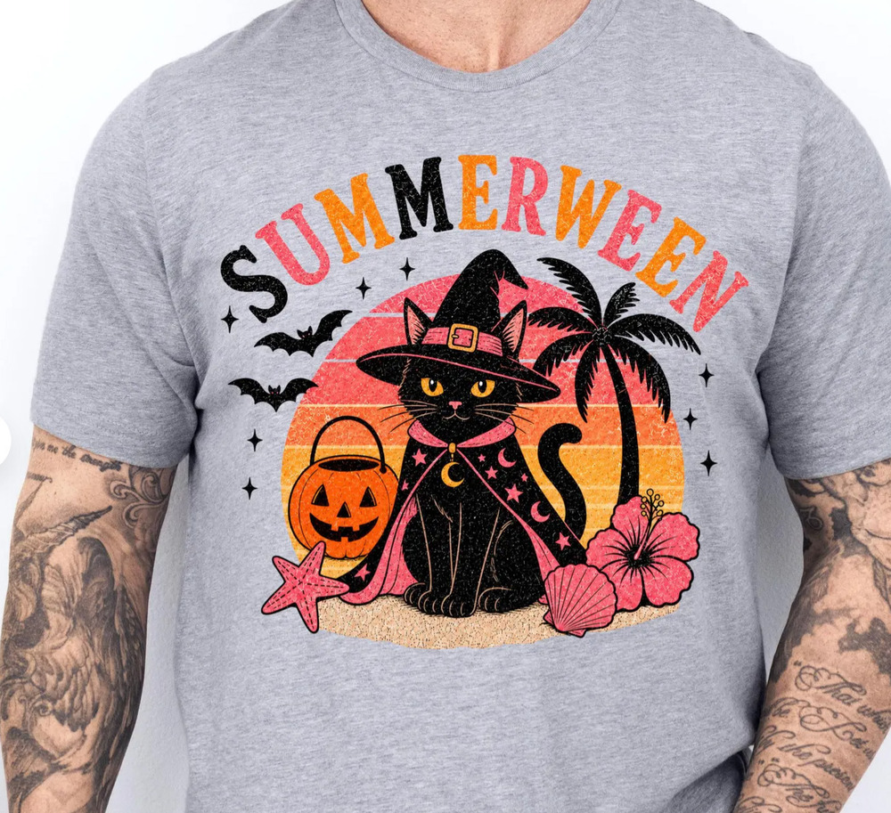 Summerween Cat Shirt, Black Cat Witch Halloween Beach Tee, Spooky Summer T Shirt